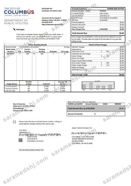 USA Ohio City of Columbus utility bill template in Word and PDF format